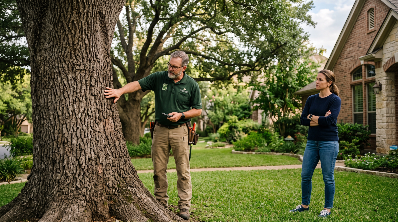 Certified arborist giving an independent second opinion on a Fort Worth homeowner's tree before removal.