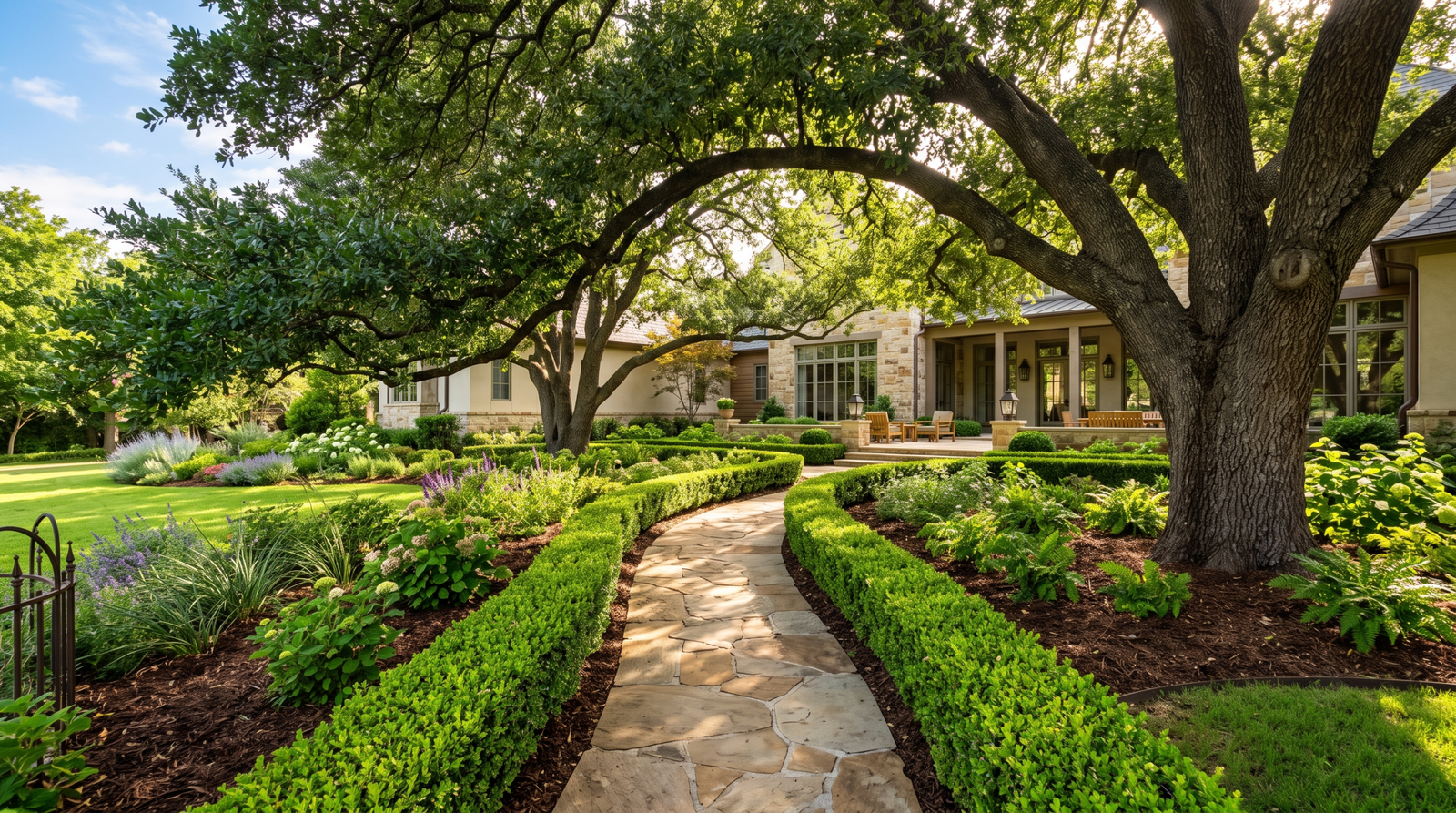 Healthy native Oak canopy and manicured Boxwood hedges on a Fort Worth estate property.