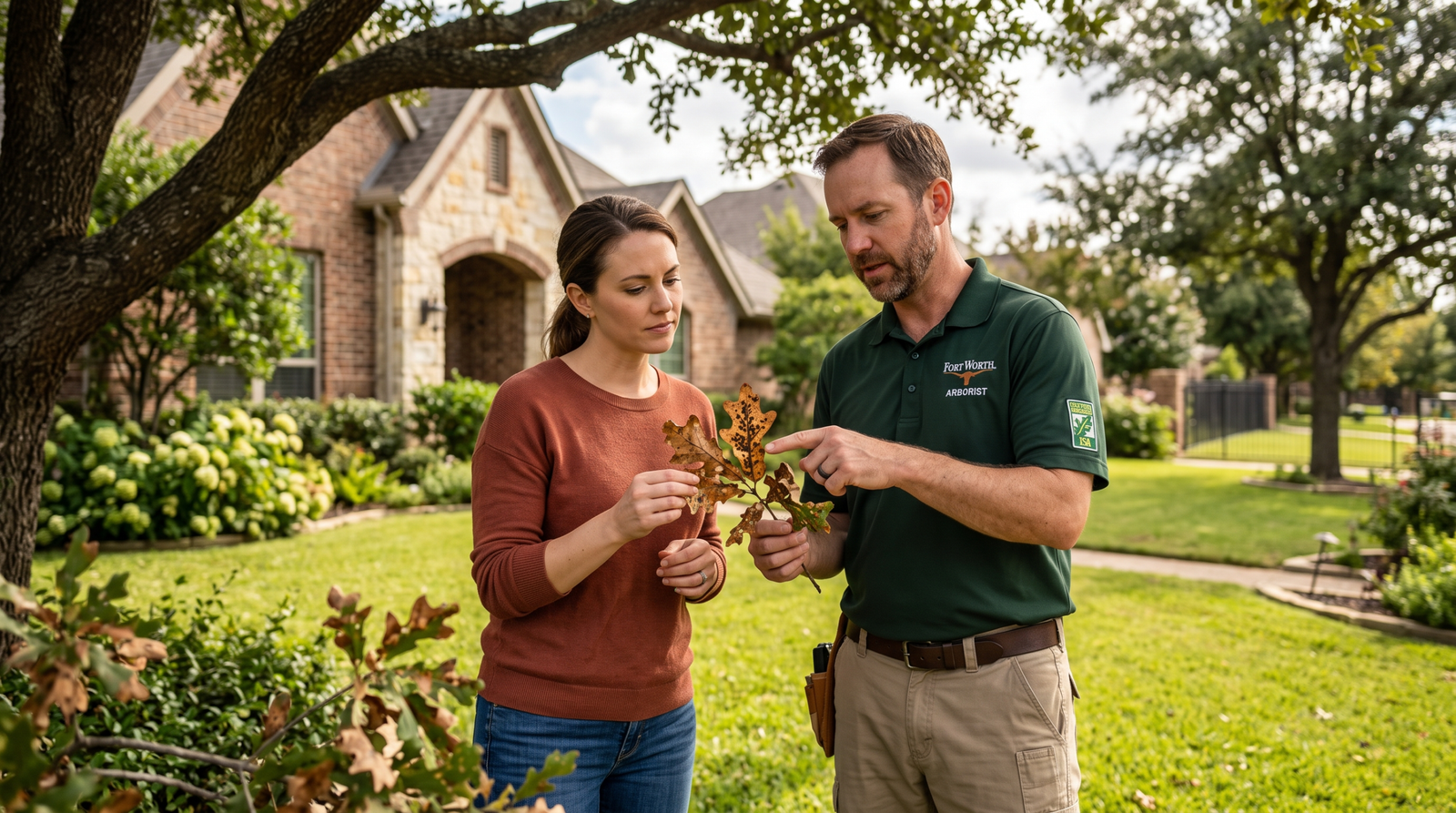 Certified arborist showing a Fort Worth homeowner signs of oak leaf distress.