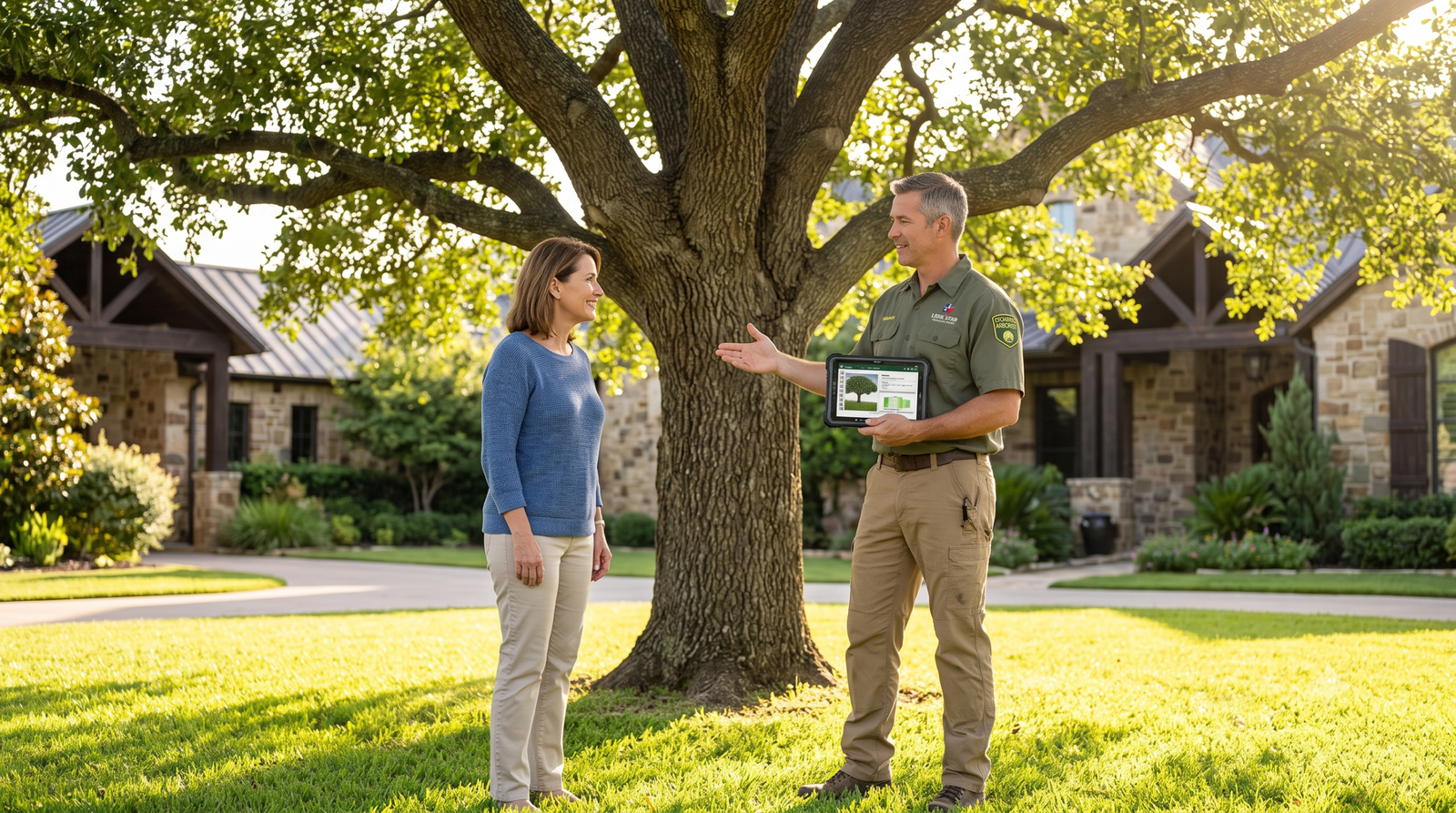 Certified arborist conducting a tree health checkup with a Fort Worth homeowner.