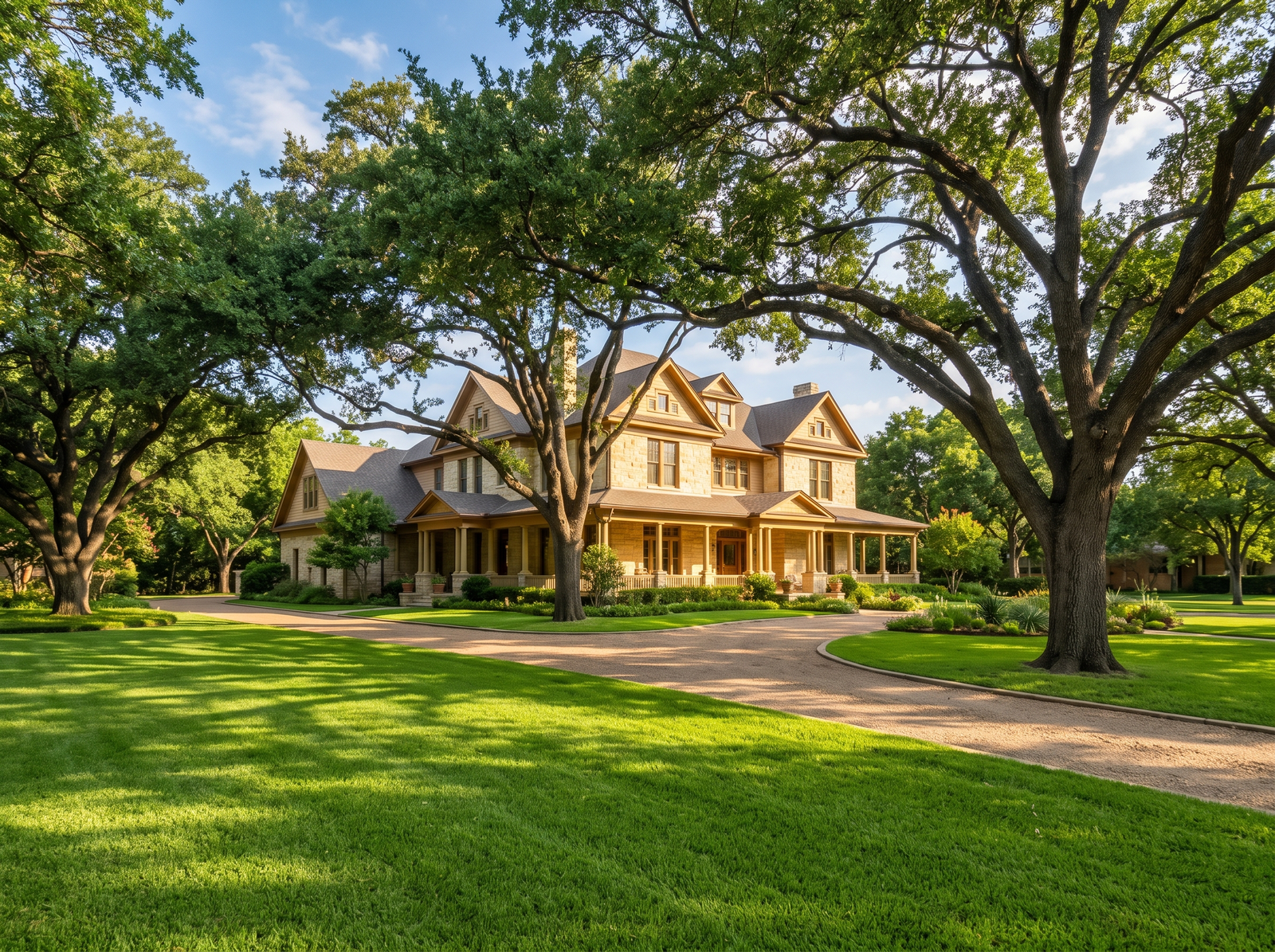 Massive, historic native Oak trees shading a Fort Worth estate landscape.